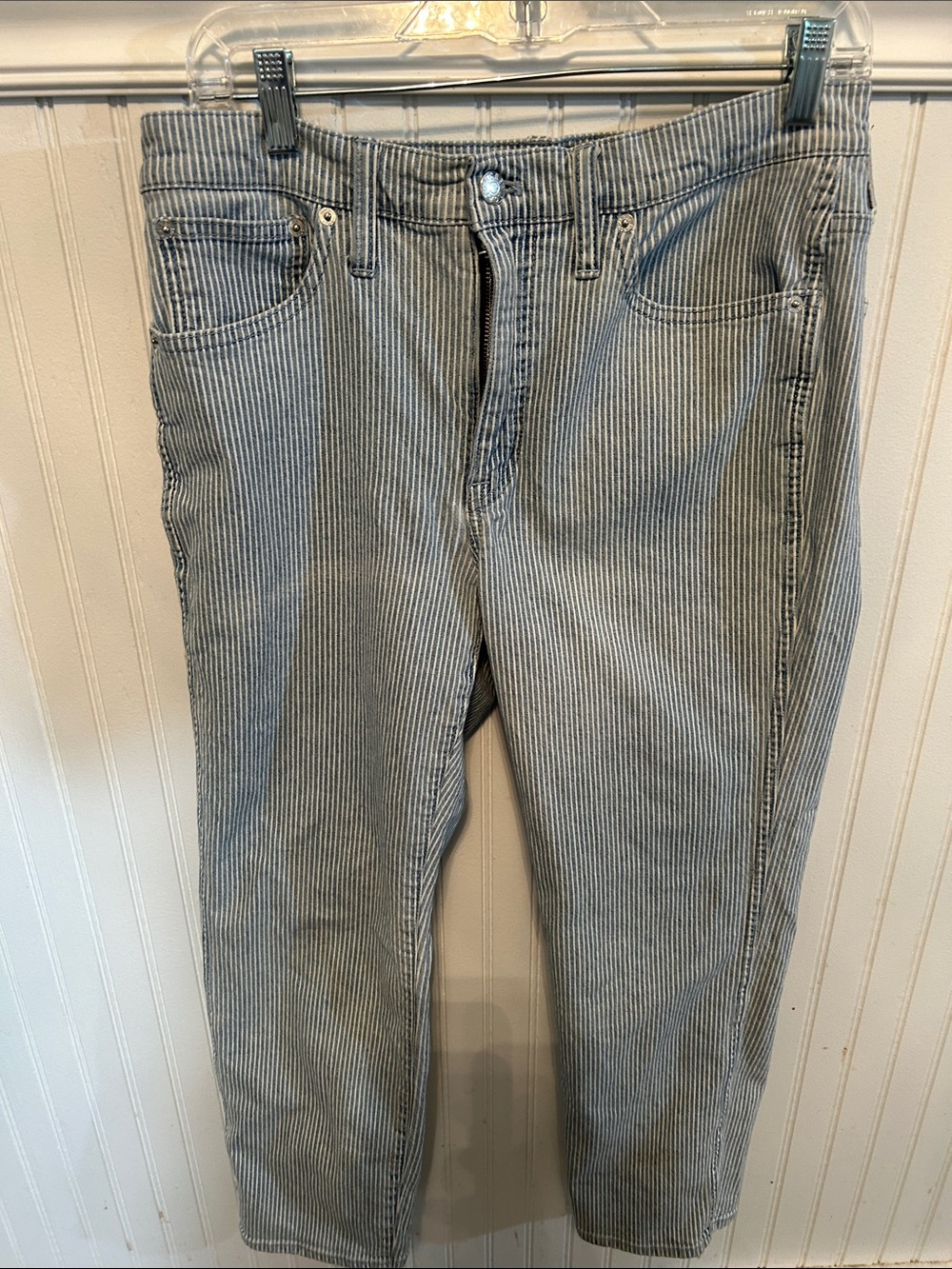 J Crew High Rise Vintage Straight Jeans in Light Blue and White Striped
